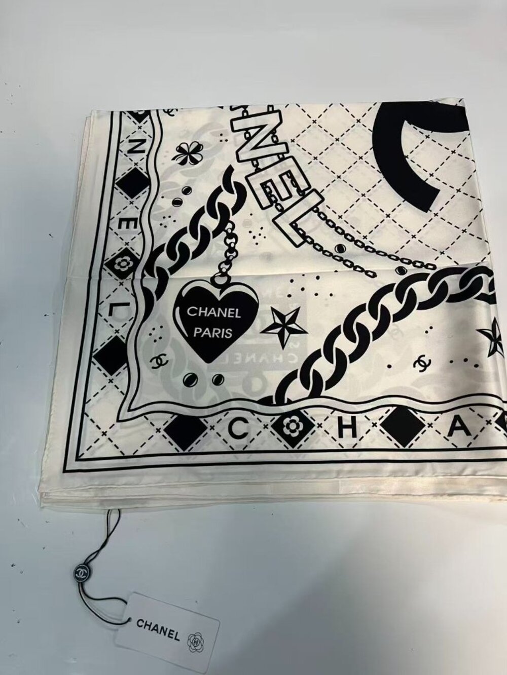 Chanel White CC Logo Silk Scarf